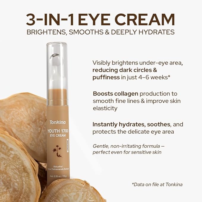 Youth 1700 Caffeine Eye Cream, Under Eye Brightener & Anti-Aging with Peptides, Hyaluronic Acid, Niacinamide, Bakuchiol, Vietnamese Ginseng for Dark Circles, Puffiness, Wrinkles and Hydrating Skin