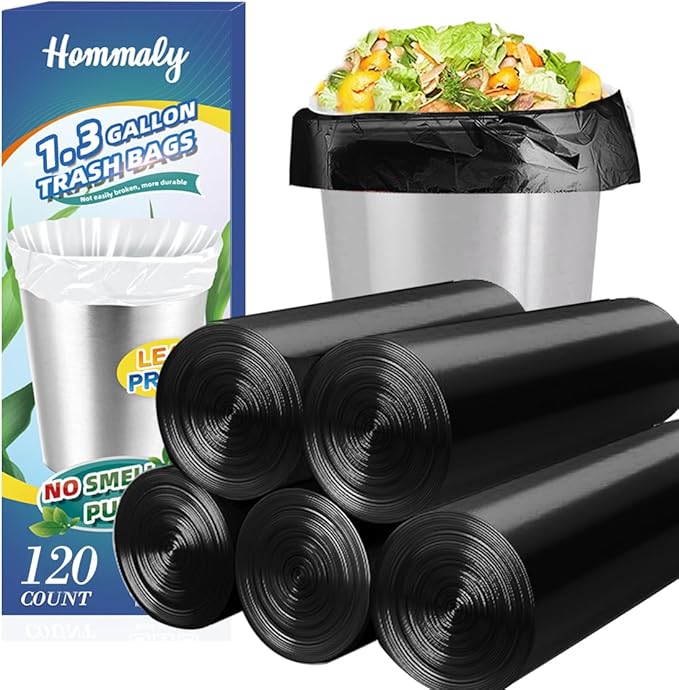 1.3 Gallon 120 pcs (1.2-1.3 Gal) Small Black Trash Bags, Strong 1.2 Gallon 1.3 Gallon Garbage Bags, Bathroom Trash Can Bin Liners,Mini Bags Waste Basket Liner,Fit 5-6 Liter, 1-1.3 Gal-Black-120