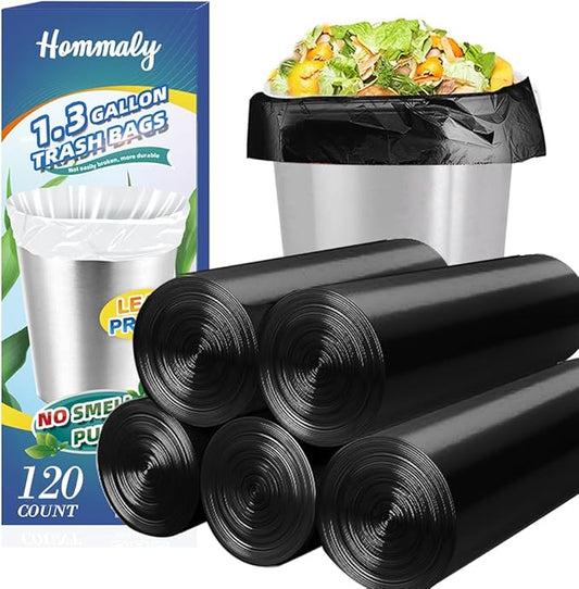 1.3 Gallon 120 pcs (1.2-1.3 Gal) Small Black Trash Bags, Strong 1.2 Gallon 1.3 Gallon Garbage Bags, Bathroom Trash Can Bin Liners,Mini Bags Waste Basket Liner,Fit 5-6 Liter, 1-1.3 Gal-Black-120