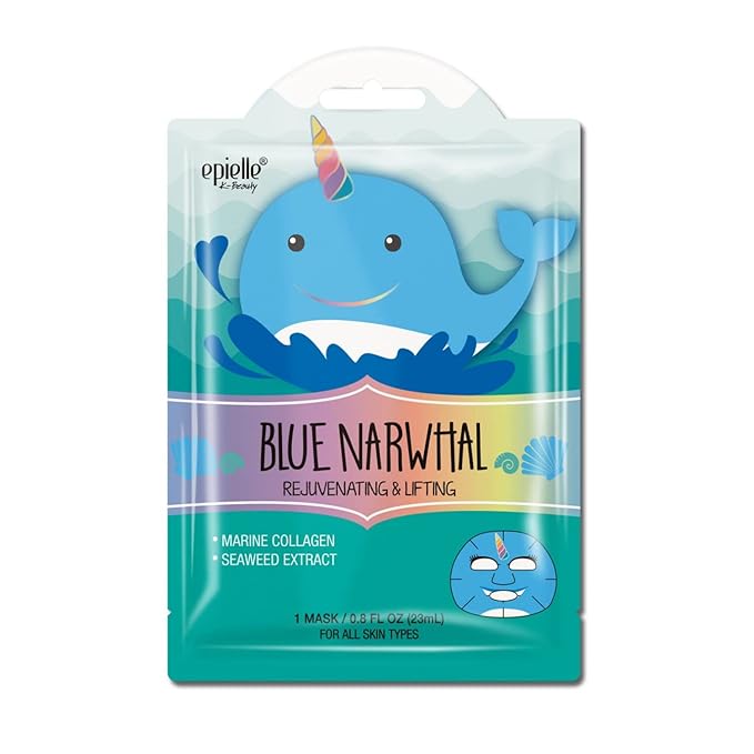 Epielle Animal Character Sheet Masks Blue Narwhal 6 Pack, Rejuvenating & Lifting Face Mask with Marine Collagen, Girls Spa Party Favors, Sleepover, Self Care Gifts for Women, Korean Skin Care
