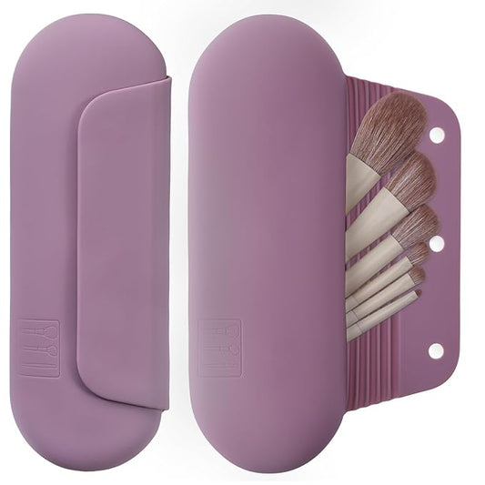Silicone Makeup Brush Holder Travel Cosmetic Bag：Soft Portable Cosmetic Face Brushes Holder with Upgrade Anti-Fall Out Magnetic Closure, Large Travel Makeup Brush Case - Light Purple