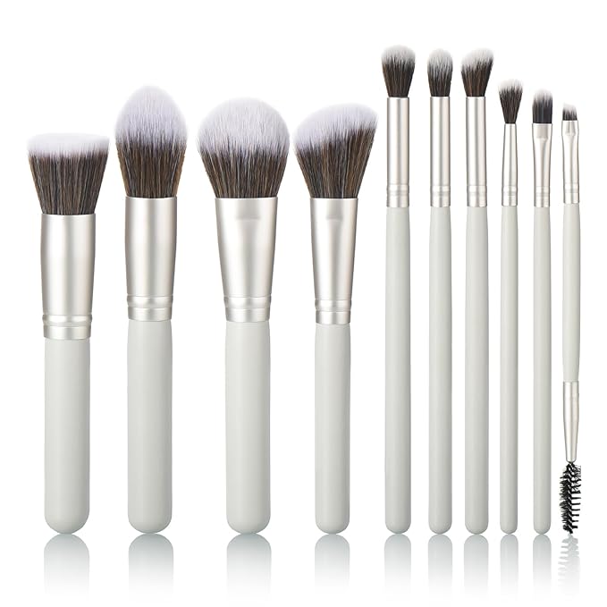 10 Piece Makeup Brushes - Grayish Green Wooden Handle with Soft Synthetic Bristles,for Face & Eye Makeup|Professional Makeup Brushes set for Women & Girls|