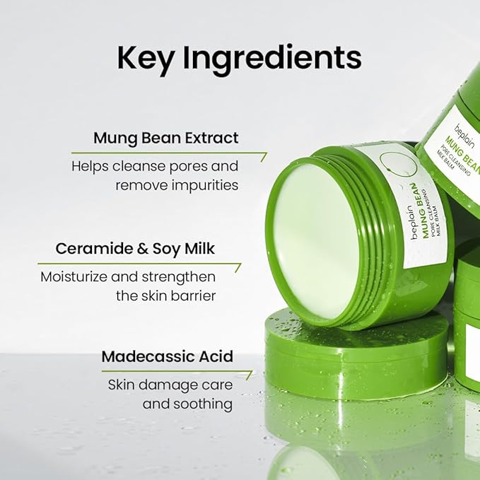 beplain Mung Bean Pore Cleansing Milk Balm (3.38 fl.oz/100ml) | Fragrance-Free | Korean Makeup Remover for Sensitive Skin | Non-Greasy Sorbet Texture with Ceramides | All-in-One Facial Cleanser