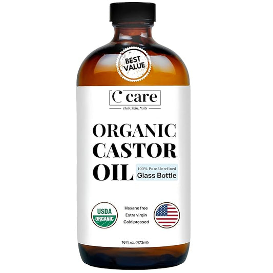 Castor Oil 100% Pure Organic Cold Pressed Unrefined Glass Bottle | USDA Certified Organic | Hexane Free Extra Virgin | For Hair Growth Eyebrows Eyelashes Skin and Castor Oil Pack Wrap | 16oz
