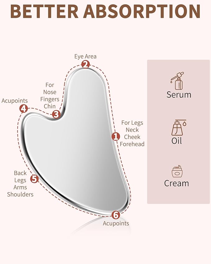 Stainless Steel Gua Sha Facial Tools, Tighten Skin Massage Guasha Beauty Tool, Metal Guasha Tool for Face, Face Massager Tool for Body Eyes Neck (Silver)