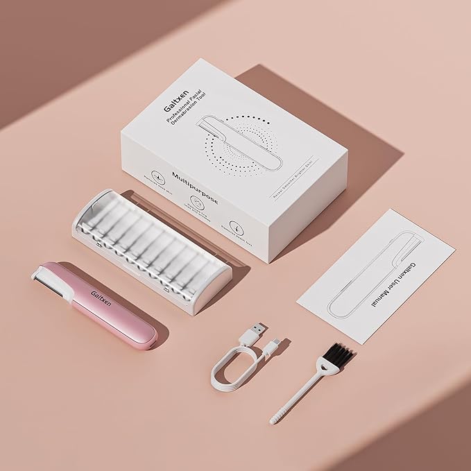 Dermaplaning Tool for Women Pink - Facial Exfoliation & Peach Fuzz Hair Removal with Rechargeable Sonic Edge Technology, 10 Refill Blades