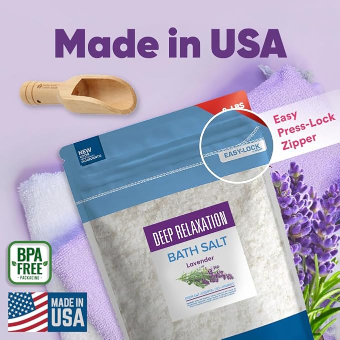 Deep Relaxation Bath Salt 128 Ounces Epsom Salt with Natural Lavender Essential Oil Plus Vitamin C in BPA Free Pouch