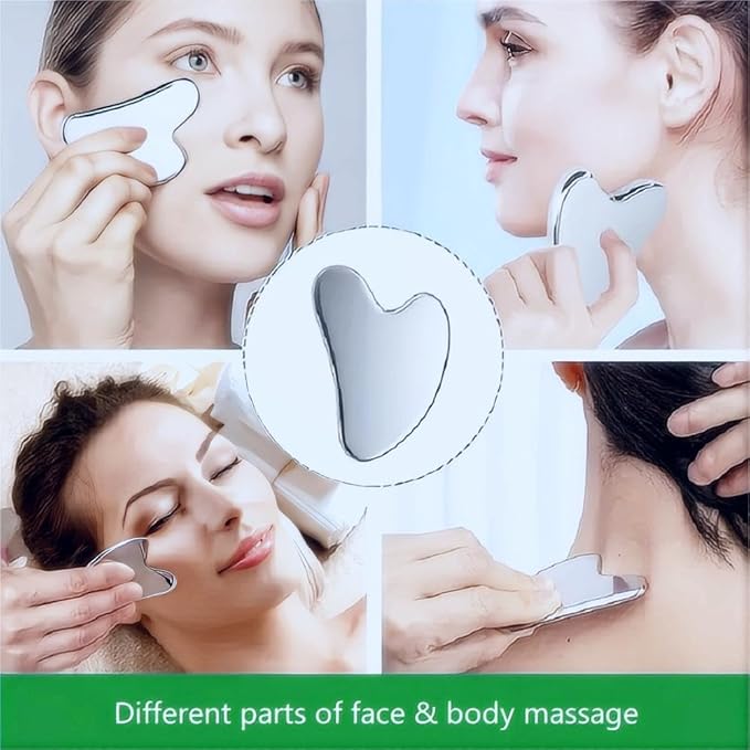 Stainless Steel Gua Sha Facial Tools Set, Metal Guasha Tool for Face and Body Massage（Scraping Board+Leather Cover）