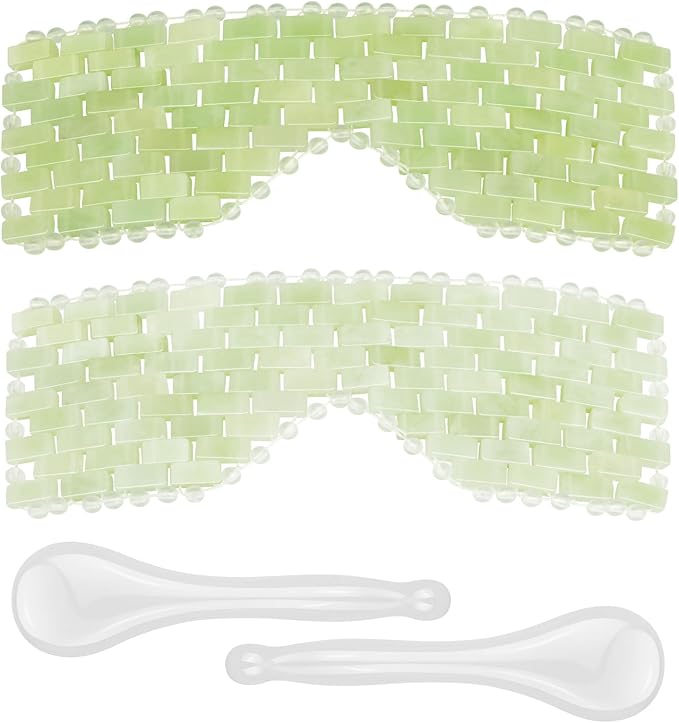 4 Pcs Jade Eye Mask & Skin-Safe Glass Facial Massage Tool, Jade Cooling Mask & Gua Sha Therapy Roller for Skincare Relieve Puffiness, Anti-Aging, Stress Relief