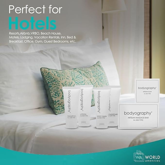 Bodyography Blanc Mini Travel Size Toiletries Bathroom Kit | Vanilla White Tea| Shampoo, Conditioner, Body Wash, Lotion, Artisan Soap & Massage Bar