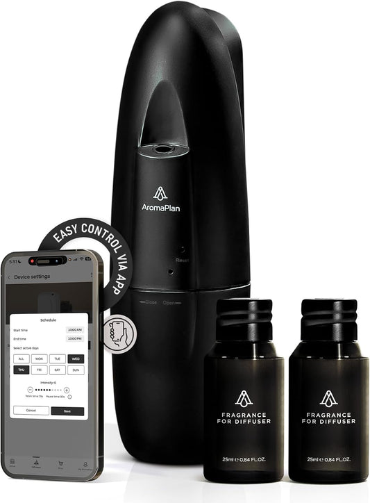 AromaPlan 5 Star Collection 2025 Plug in Diffuser (2 Fragrances Included)-Cold Air & Waterless Diffusers for Home & Office- Silent Wall Diffuser Plug in, Bluetooth App Control, 500 sq. ft (Black)