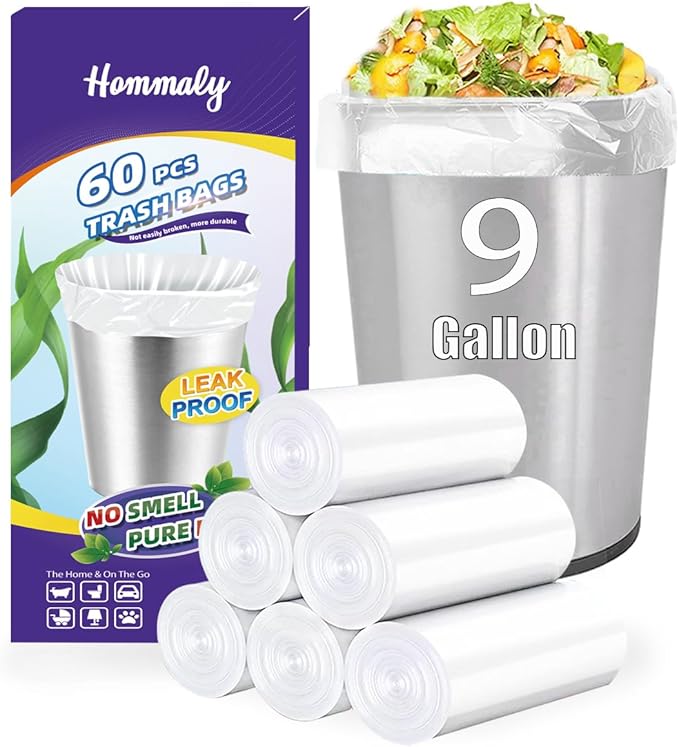 9 Gallon 60pcs Clear Trash Bags Strong Clear Garbage Bags, Bathroom Trash Can Bin Liners, Plastic Bags for Office Home Kitchen, Waste Basket Liner, Fit 30 Liter, 8,9 Gal(9G60-Clear)