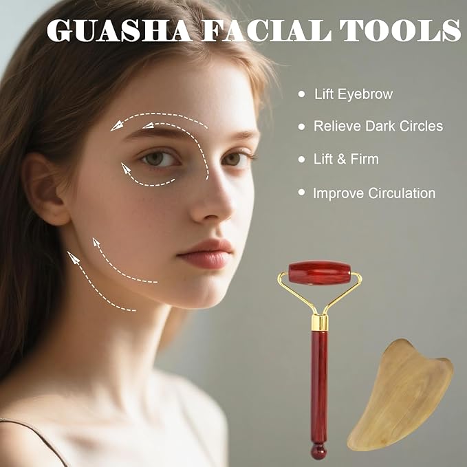 Wooden Gua Sha Facial Massage Tool and Roller Set, Facial Massager for Face, Neck, Eyes, Reduces Puffiness, Improves Wrinkles, Suitable for Women Care, Great Mother's Day Gift for Mom, Grandma
