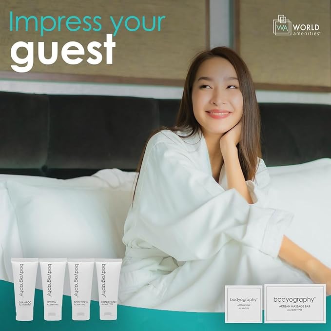 Bodyography Blanc Mini Travel Size Toiletries Bathroom Kit | Vanilla White Tea| Shampoo, Conditioner, Body Wash, Lotion, Artisan Soap and Massage Bar