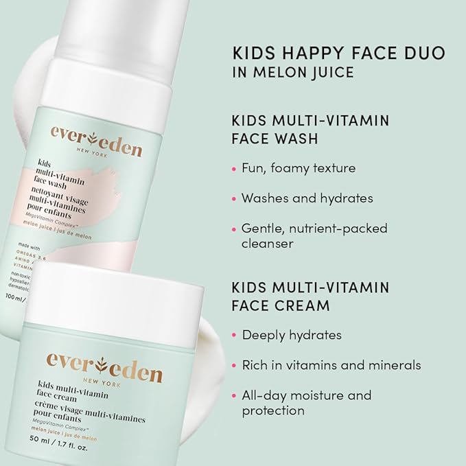 Evereden Happy Kids Skin & Lips Routine - Multi-Vitamin Kids Face Wash & Kids Face Cream & Tinted Lip Oil Set - Clean & Vegan Skin Care for Kids 3+ - Moisturizing, Nourishing, & Protective Kids Skin