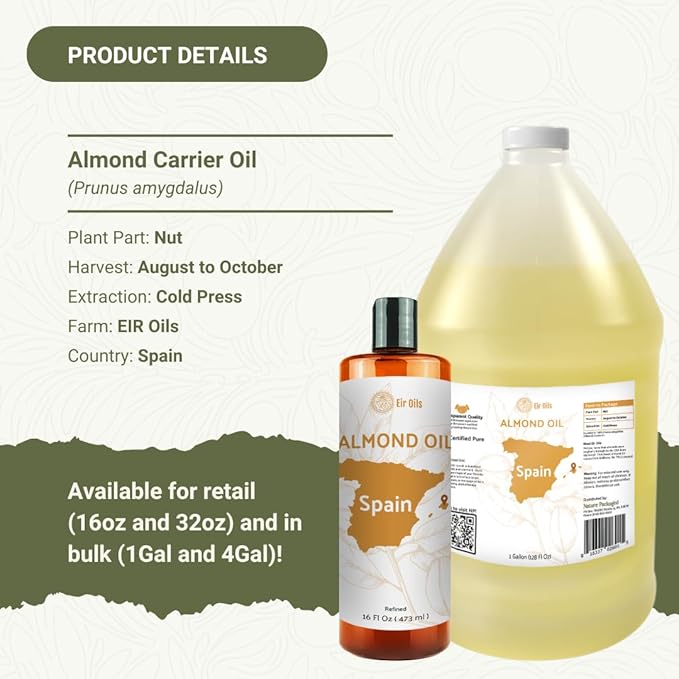 Sweet Almond Oil (16 oz) - for Skin and Hair - Carrier Oil for Essential Oils Mixing - From EIR Oils' Farm in Mallorca, Spain - 1 Pack