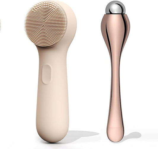 NågraCoola CLIE 2.0 Silicone Face Scrubber, Facial Cleansing Brush, Rechargeable, Waterproof Face Scrub Brush for Deep Cleansing, Exfoliating, Massage, with Eye Roller, for Women and Men - Oat