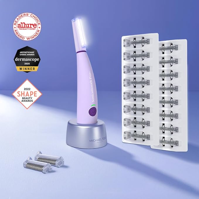 Michael Todd Beauty Sonicsmooth Pro+ Dermaplane Razor for Women Face + Eyebrow trimmer Dermaplaning System w/LED Light Peach Fuzz Remover -16 Dermaplaning Blades & 2 Microsmooth Exfoliation Tips