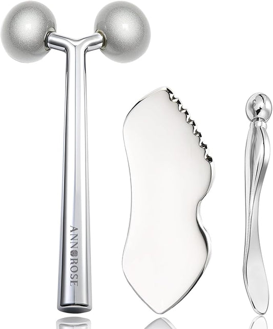 3-in-1 Stainless Steel Facial Massage Set, Face Roller, Gua Sha Tool, Eye Cream Applicator, Silver,Gifts for Women and Girl