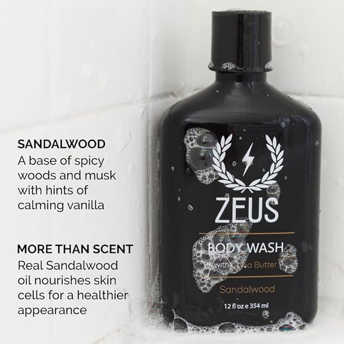 ZEUS Men's Natural Body Wash, Hydrating Shower Gel with Sandalwood Oil, Aloe Vera, Shea Butter & Invigorating Essential Oils for Skin Revitalization (Made in USA) 12 oz.