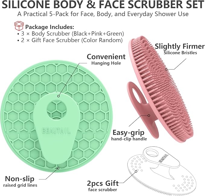 Silicone Body and Face Scrubber Set 5 Pack, BEAUTAIL Shower Bath Scrubber, Gentle Exfoliating Brush for Women Men Sensitive Skin, More Hygienic Than Traditional Loofah, Long Lasting, Black+Pink+Green