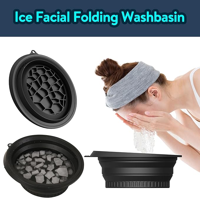 Silicone Face Bowl for Ice with Built-in Icetray,Ice Facial Folding Washbasin,Foldable Face Ice Bath Bowl,Skin Tightening, Acne Relief Facial Plunge Bowl for Home & Travel (Black)