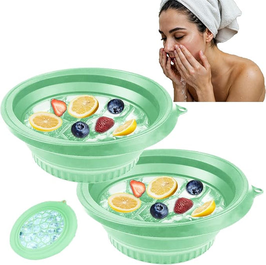 2PCS Large Bowl for Face Ice Bath Foldable Bowl with Built-in Ice Tray Collapsible Silicone Sink for Dipping Face Bath Portable Spa Tool for Home & Travel Reducing Puffiness (Green)