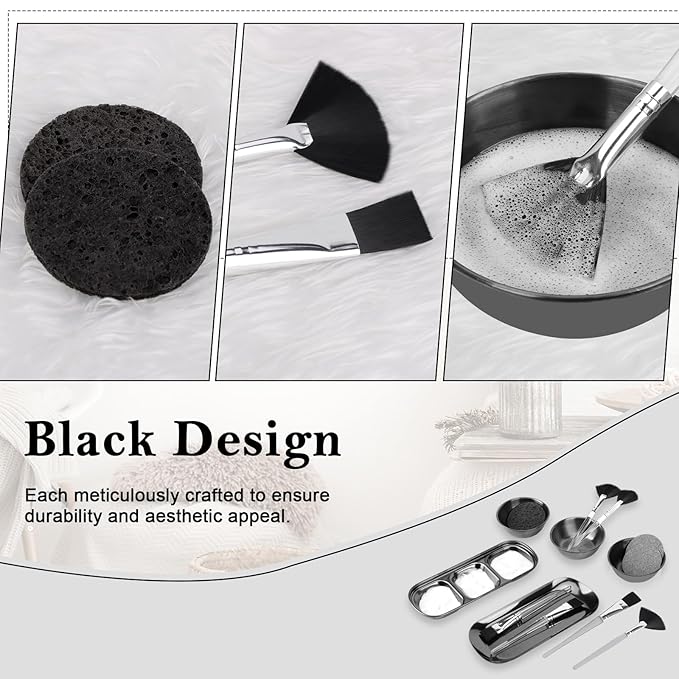 21 Pcs Black Esthetician Supplies 3 Stainless Steel Facial Mask Mixing Bowls 3 Fan Brushes Esthetician 3 Facial Flat Brushes Skincare Tray 3-Compartment Serving Tray 10 Round Compressed Facial Sponges