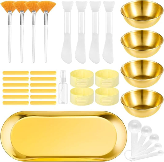 31 Pcs Esthetician Supplies for Facials Set,4 Gold Esthetician Bowls 4 Fan Facial Brushes 12 Compressed Facial Sponge 4 Adjustable Headbands 4 Mask Cosmetic Applicators for Women Face Cleansing