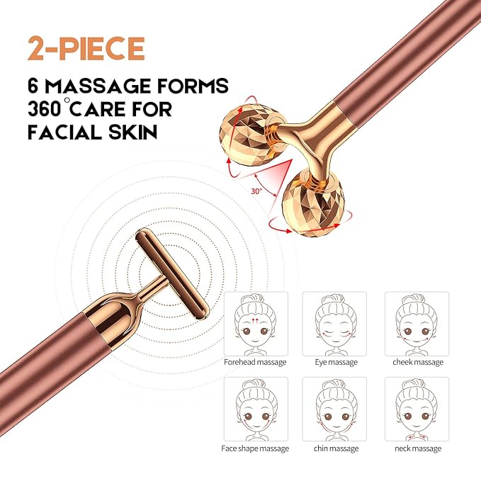 2-IN-1 Beauty Bar 24k Golden Pulse Facial Face Massager, Electric 3D Roller and T Shape Arm Eye Nose Head Massager Facial Roller Massager Kit Skin Care Tools