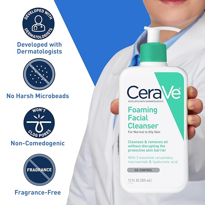 CeraVe Foaming Facial Cleanser, Daily Face Wash for Oily Skin, Hyaluronic Acid + Ceramides + Niacinamide, Fragrance Free & Paraben Free, Non-Drying Oil Control Face Wash, 8 Fluid Ounces