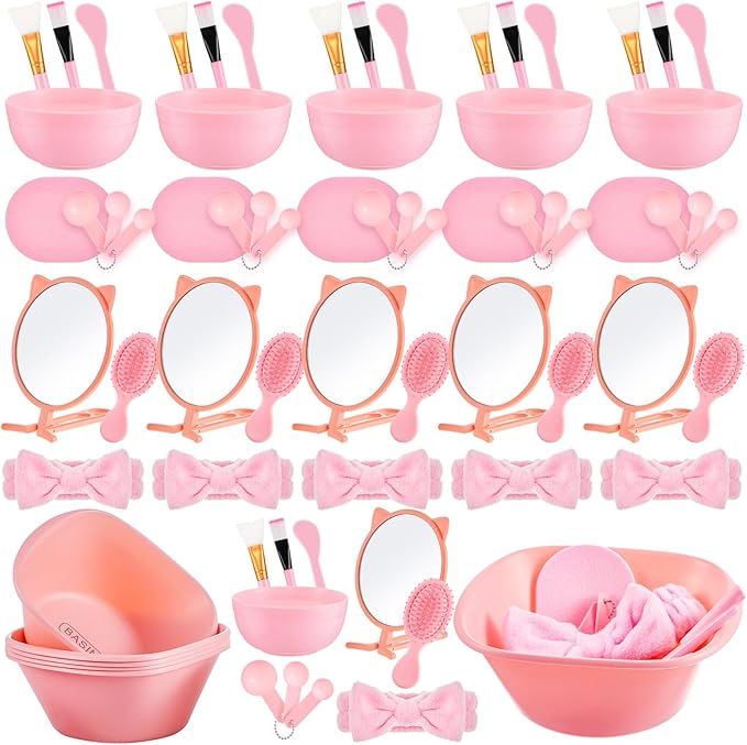 100 Pcs Spa Party Supplies for Women Pink Facial Mask Bowl Set with Facial Mask Bowls Spatula Brush Puff Measuring Scoop Basin Mirror Air Cushion Comb Headband Spa Birthday Party Favor