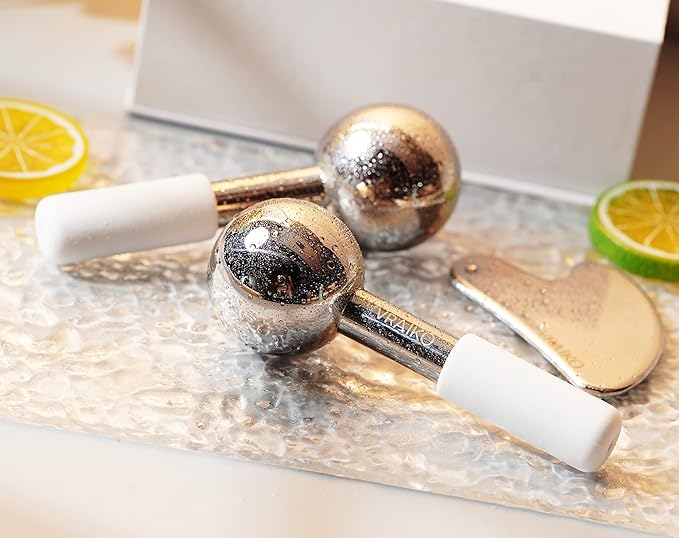 ICE Globes for Facials & Gua Sha Set, Gua Sha Facial Tools and Cryo Sticks with Unbreakable Steel, Face Massager Cooling Rollers for Dark Circles, Puffiness and Lymphatic Drainage (White)