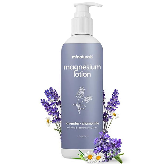 M3 Naturals Lavender & Chamomile Magnesium Lotion for Sleep, Relaxing Nightime Cream for Leg Cramps, Sore Feet and Joints | With Moisturizing Shea Butter, Coconut Oil, Collagen, Stem Cells, 8 fl oz