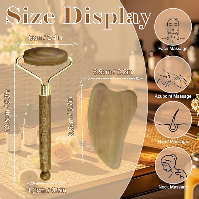 Wooden Gua Sha Facial Massage Tool and Roller Set, Facial Massager for Face, Neck, Eyes, Reduces Puffiness, Improves Wrinkles, Suitable for Women Care, Great Mother's Day Gift for Mom, Grandma
