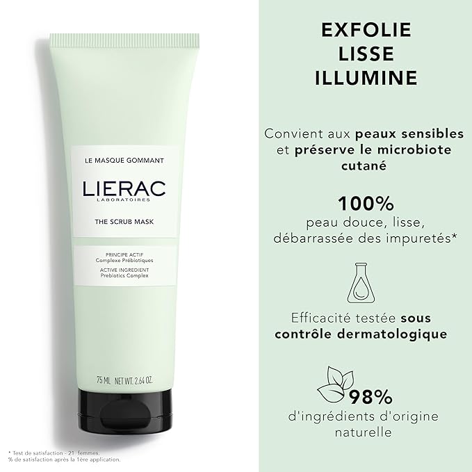LIERAC DEMAQUILLANT The Scrub Mask - Exfoliating Face Wash with Marine Prebiotic Complex, Kaolin - Smoothing Facial Scrub for All Skin Types - 75 ml