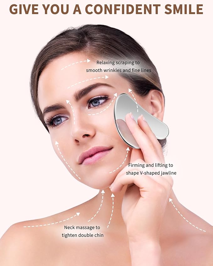 Stainless Steel Gua Sha Facial Tools, Tighten Skin Massage Guasha Beauty Tool, Metal Guasha Tool for Face, Face Massager Tool for Body Eyes Neck (Silver)