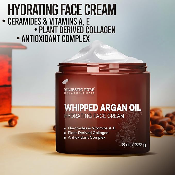 Majestic Pure Whipped Argan Oil Moisturizer Face Cream for Women & Men - With Vitamin E A, Collagen & Ceramides - Hydrates Dry Skin, Oily Skin, Reduces Appearance of Fine Lines – 8oz