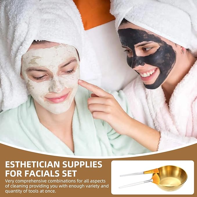 18 Pcs Esthetician Supplies for Facials Set, 6 Gold Stainless Steel Mixing Bowls, 6 Fan Mask Brushes & 6 Flat Applicator Brushes for Estheticians & Home Spa, Facial Mask Mixing Kit