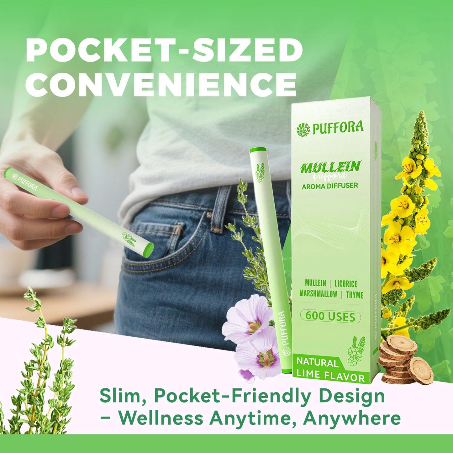 Herbal Diffuser Pen, Supports Lung Rest & Wellness, Breathing and Oral Air Freshening, Plant Based-Mullein, Licorice Root, Marshmallow Root, Thyme Leaf, Mint Oil, Natural Alternative - 600 Uses