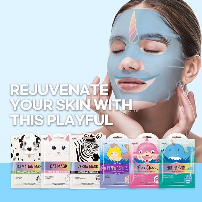 Epielle Animal Character Sheet Masks 6 Pack, Moisturizing & Rejuvenating Face Mask with Hyaluronic Acid & Vitamin E, Korean Skin Care, Girls Spa Party Favors, Sleepover, Self Care Gifts for Women