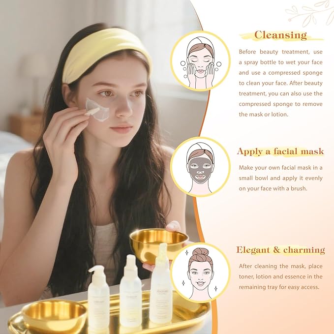 31 Pcs Esthetician Supplies for Facials Set,4 Gold Esthetician Bowls 4 Fan Facial Brushes 12 Compressed Facial Sponge 4 Adjustable Headbands 4 Mask Cosmetic Applicators for Women Face Cleansing