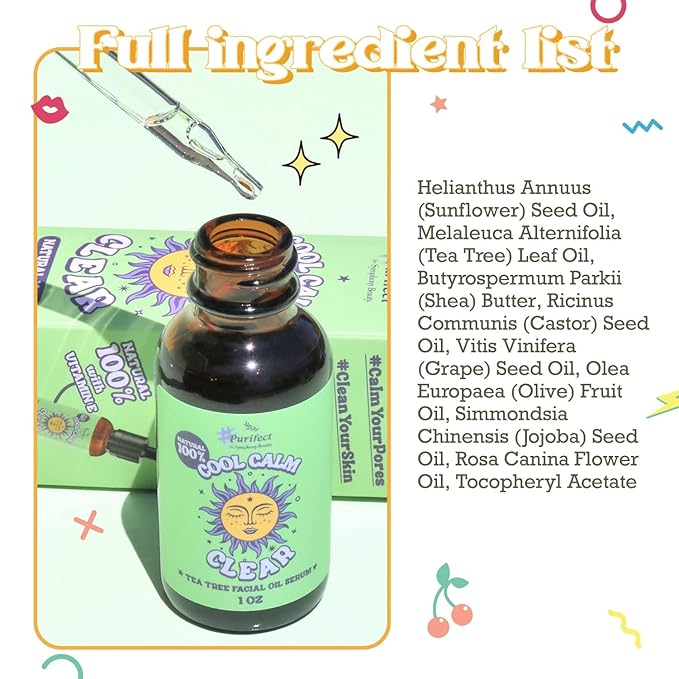 100% Natural Tea Tree Oil Facial Skin Care Serum Redness Relief Sensitive Skin Acne Prone Scars Spot Treatment Dry Itchy Skinwith Vitamin E Jojoba Oil, Shea Butter Made In USA 30ml (#Cool Calm Clear)