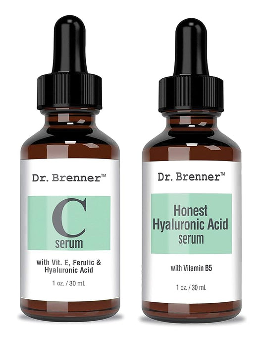 Vitamin C Serum 20% Pure L-Ascorbic Acid, Ferulic Acid, Vitamin E and HA and Hyaluronic Acid Serum with Vitamin B5 for Face and Eyes Natural Anti Aging Anti Wrinkle Set of 2 by Dr. Brenner
