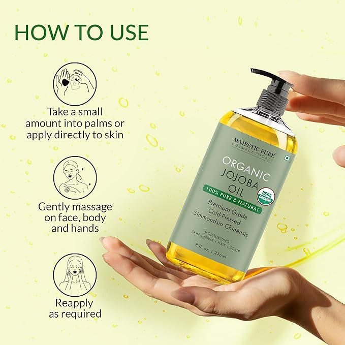 MAJESTIC PURE USDA Organic Jojoba Oil | 100% Pure Jojoba Oil for Skin, Hair, Scalp, Nails, Face | Cold Pressed & Hexane Free | Hair & Body Oil | 8 Fl Oz
