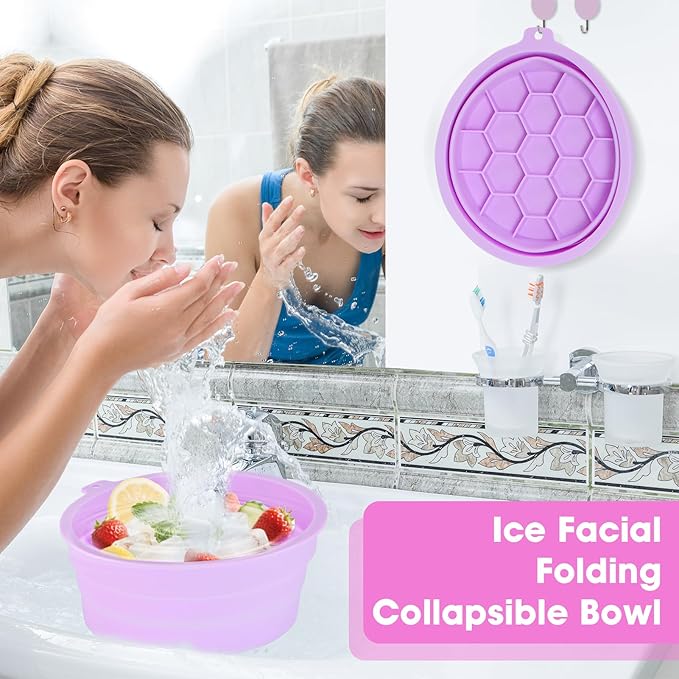 Face Bowl for Ice Silicone Facial Bowls with Built - in Tray Foldable Washbasin for Face Tub Plunge & Cold Plunge Quick Skin Cooling in Ice Baths -Bath Spa Tool for Home Camping Travel & Purple