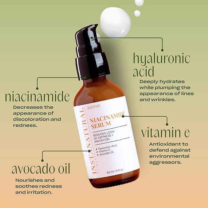 InstaNatural Niacinamide Face Serum, Hydrates, Soothes, Reduces Irritation, Redness, Lines, Wrinkles, and Other Signs of Aging, with Hyaluronic Acid and Vitamin E, 2 Fl Oz