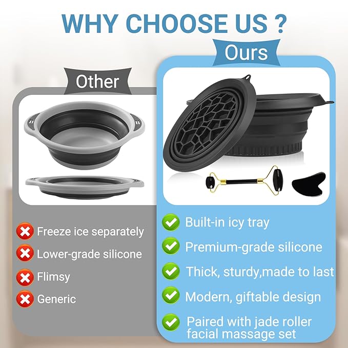 Foldable Facial Ice Bowl Gua Sha facial roller and Silicone Facial Ice Bowl Set Portable Ice Bucket Reusable Facial Ice Holder for Facial Treatments Eliminate Puffiness Travel Built-in Ice Cube