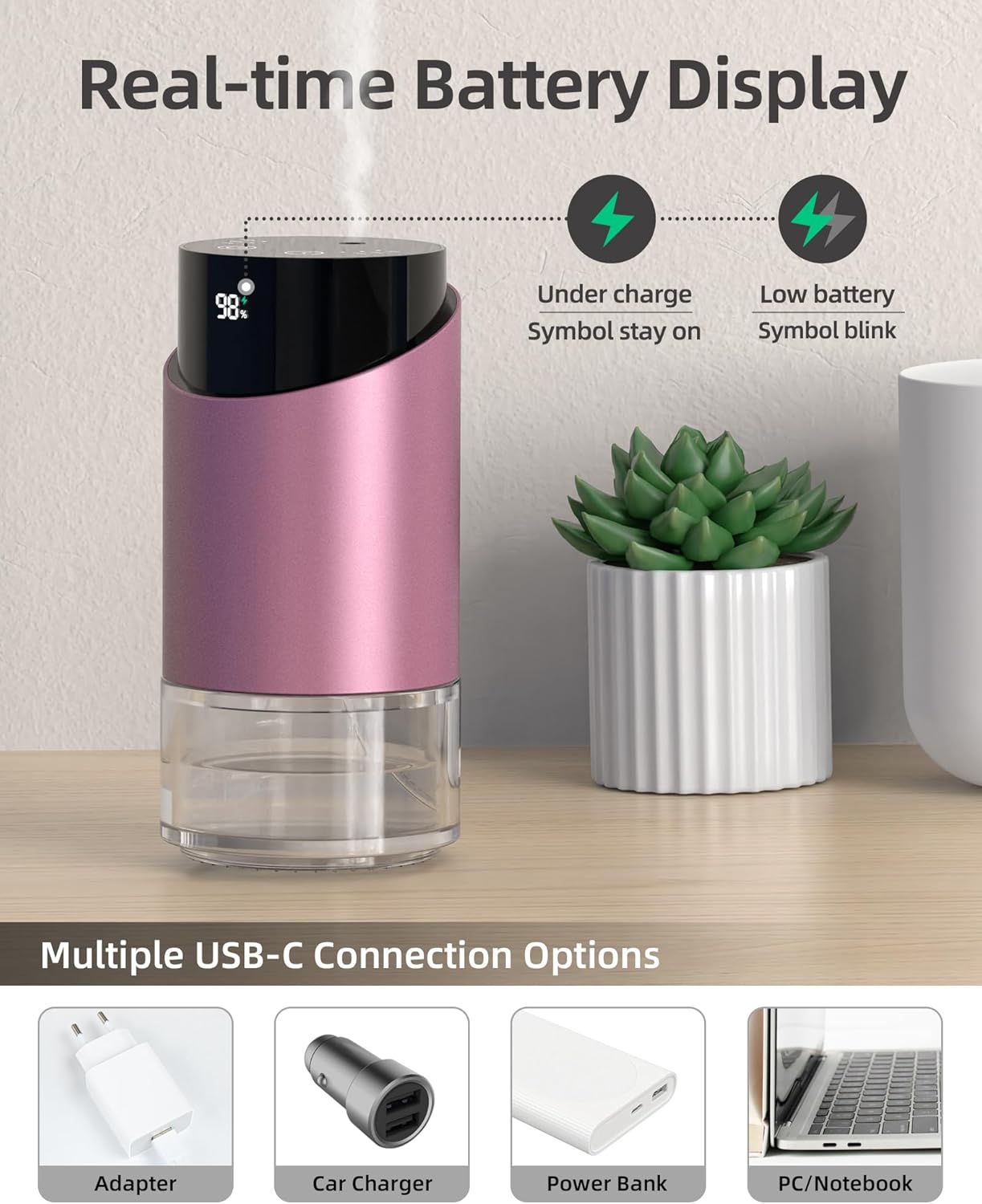 Waterless Essential Oil Diffuser Aromatherapy Scent Diffusers for Home Large Room, Car, Office, Desk, Mini Battery Operated Cordless Air Freshener, 4 Timers & 3 Mist Levels, 100ml Capacity (Pink)