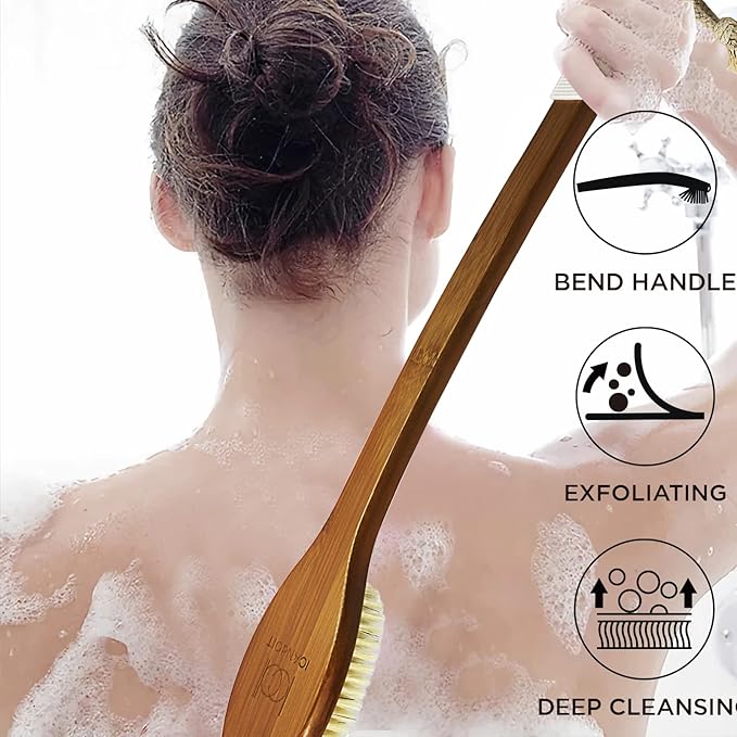 ICANdOIT-17.71Inch Natural Boar Bristles Anti-Slip Long Handle Bath Brush,Bent Handle Shower Scrubber for Exfoliating,Shower Back Brush,Exfoliation Set with Pumice Stone(2 Pack)
